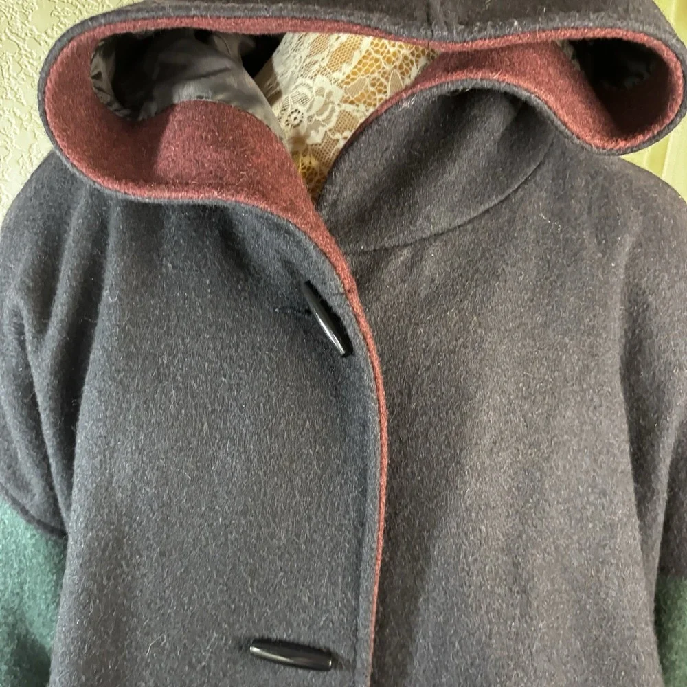 Vtg 90's Wool Coat W/ Hood  Color Block  New York Girl  Sz 24 1/2‎ Womens Cozy